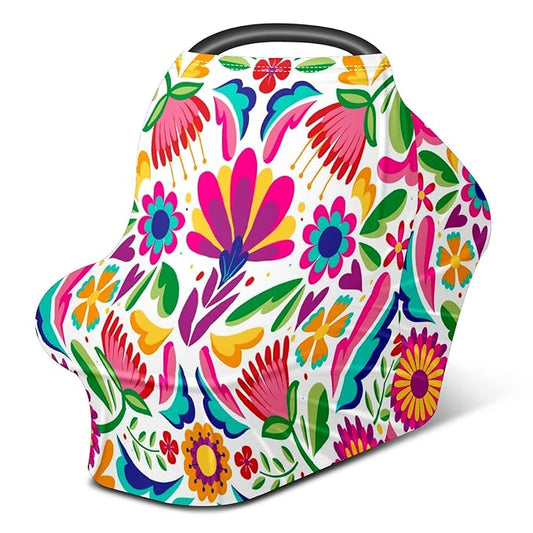 Baby Car Seat Stroller Covers Spring Mexican Flower Leaf Nursing Cover Breastfeeding Scarf Soft Breathable Stretchy Infant Car Canopy Coverage Carseat Cover for Boys and Girls Multi Use