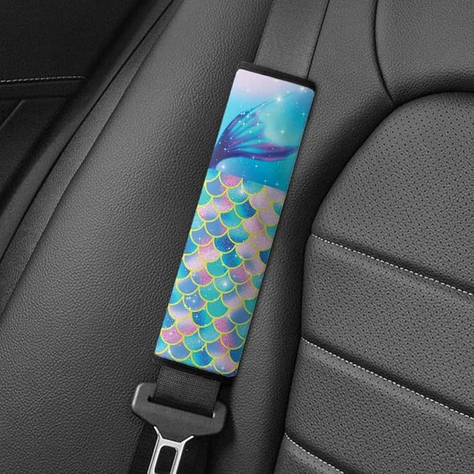 ENLACHIC Baby Car Seat Belt Cover, Cute Dinosaur Print Car Seat Shoulder Strap Pads, Infant Car Seat Cushion Safety Seatbelt Protector for Kids Boys Girls,Blue Pink Mermaid Scale