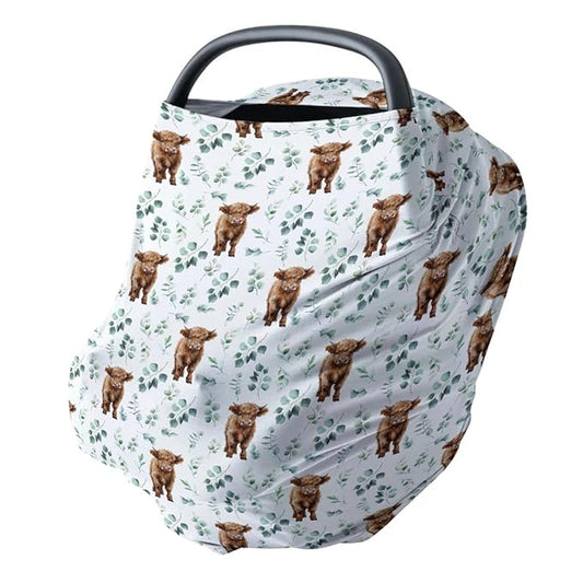 HawSkgFub Highland Cow Eucalyptus Leaf 5-in-1 Car Seat Cover for Baby Boy Cow Lover Gift, Western Cowboy Privacy Breastfeeding Nursing Cover, Newborn Infant Multi-use Carseat Canopy Carrier