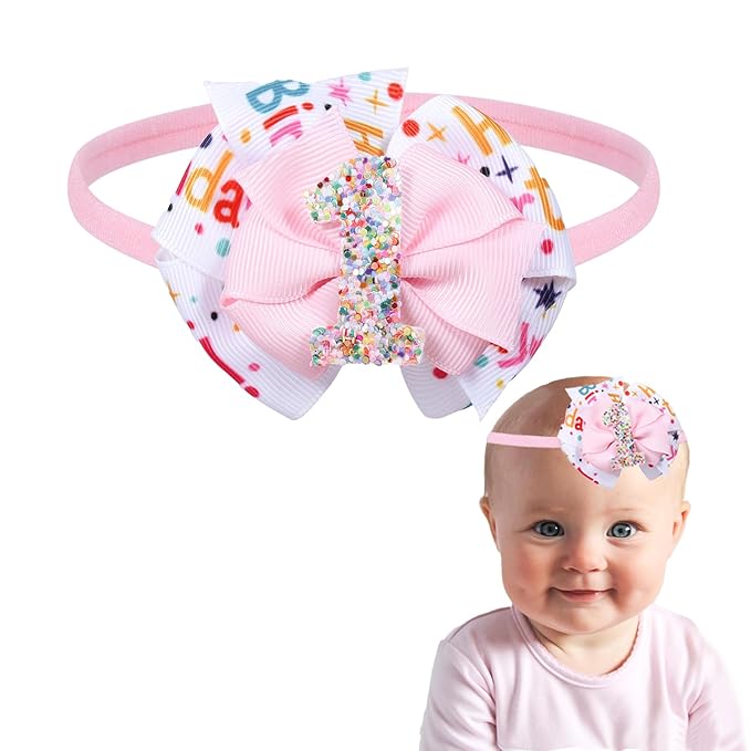 Glitter 1st Birthday Bow Headband for Baby Girls, Her First Birthday Pink Party Dress Photo Decoration Accessories, Cute one year old Princess Happy Birthdays Favor Gift
