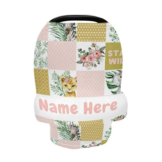 Personalized Zoo Animals Baby Car Seat Cover for Babies with Name, Custom Baby Car Seats Canopy for Girls, Nursing Breastfeeding Stroller Covers Infant Car Seat Blanket for Newborn