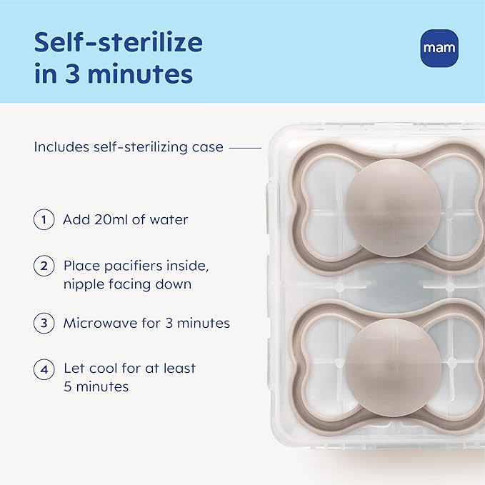 MAM Air Pacifier for Babies 6-16 Months, Extra Air Flow for Sensitive Skin, Glows in The Dark, Developed With Medical Experts, BPA-Free Skin Soft Silicone, 2 Count, With Sterilizer Case Made in Europe