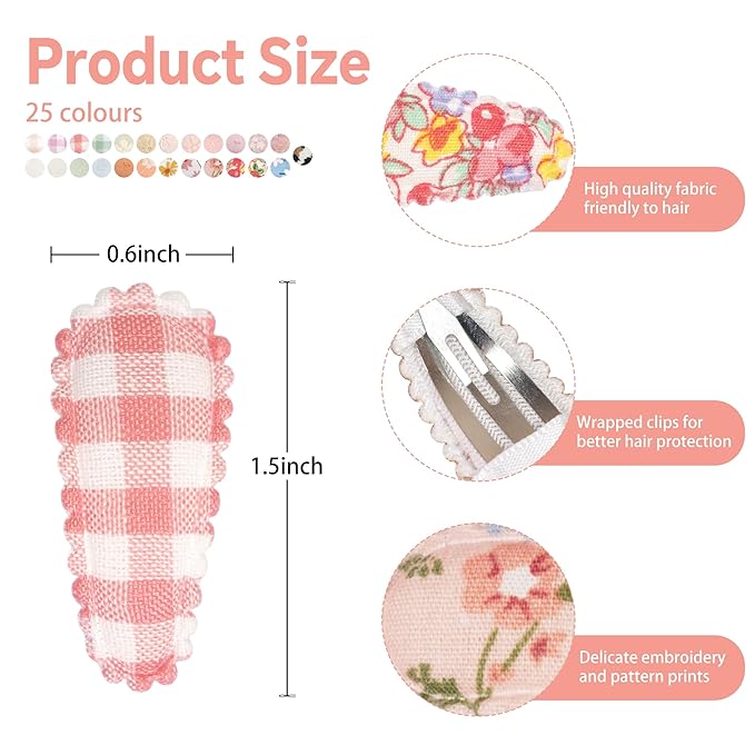 50 PCS Snap Hair Clips Flower Pattern for Fine Hair - 1.5 inches Wrapped Mini Barrettes and Hair Accessories for Infants and Toddlers (25 Colors in Pair)