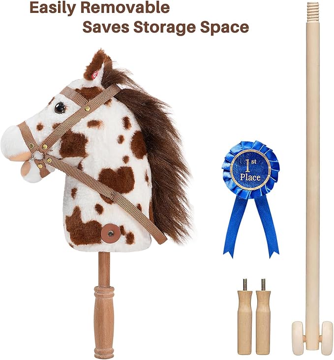 HollyHOME Stick Horse Plush with Detachable Blue Ribbon Champion Hobby Horse on Stick with Wood Wheels Real Pony Neighing for Kids Toddlers Appaloosa 36 Inches(AA Batteries Required)