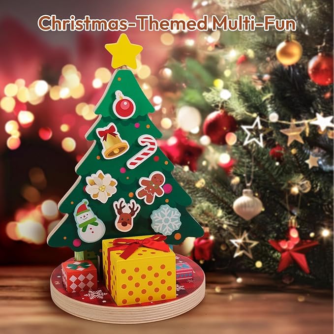 Woodtoe Magnetic Christmas Tree Toy for Toddlers, Montessori Toys for 3 4 5 6 Year Old, Wooden Color Sorting & Stacking Toys, Fine Motor Skills Sensory Toys, Christmas Decorations STEM Gifts for Kids
