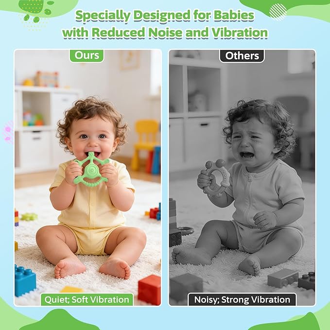 Vibrating Teether for Baby | Sensory Toys for Kids with Autism | Toddler Travel Essential Teething Toys for Babies 6-18 Months, USB Chargeable & 3X Gentle Vibration Settings (Green)