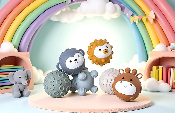 Baby Soft Textured Multi Soft Ball Gift Sets,Sensory Balls for Toddlers 06-18 Months,Cute Animal Shapes Sensory Ball for Babies,Montessori Toys for Babies 6-18 Months 6 Pack(Standard Edition)