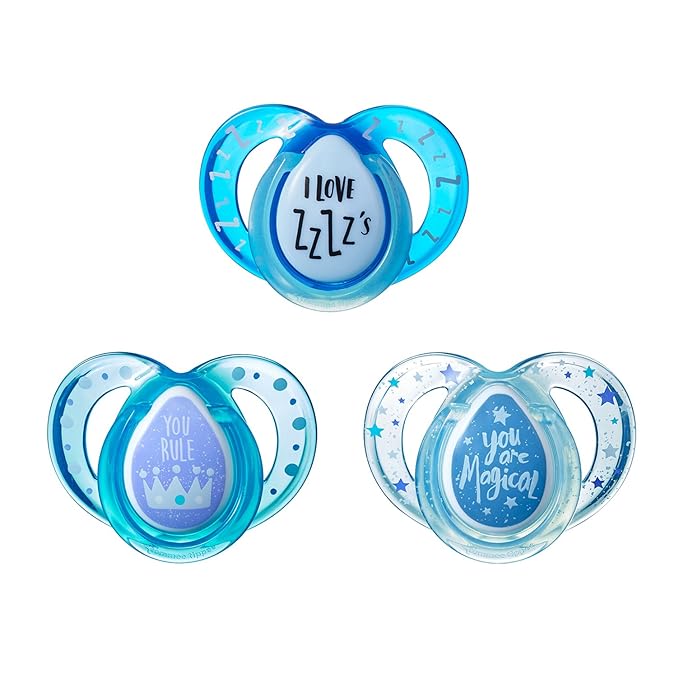 Tommee Tippee Day and Night Pacifier, 6-18 Months, Symmetrical Baglet, BPA-Free Binkies, Colors and Designs May Vary, Pack of 3