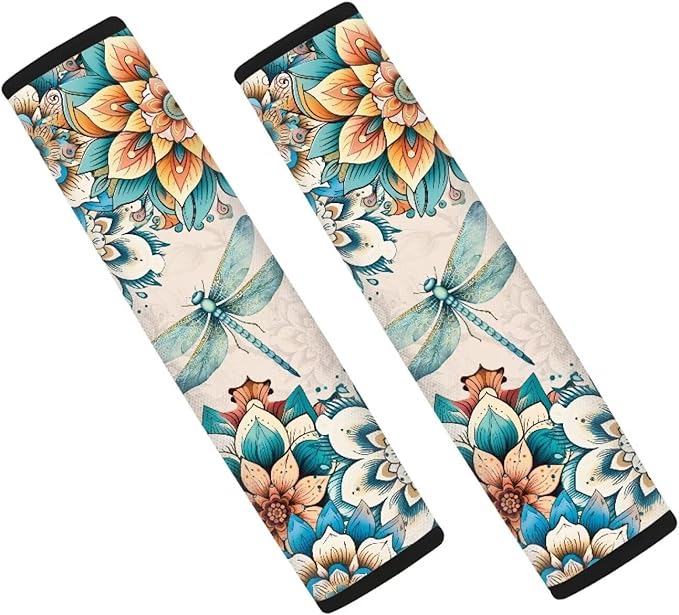 FOR U DESIGNS Car Seat Strap Cover Boho Floral Dragonfly Seat Belt Cover Pad for Adults 2 Pack Car Seat Strap Shoulder Pads Universal Fit