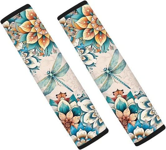 FOR U DESIGNS Car Seat Strap Cover Boho Floral Dragonfly Seat Belt Cover Pad for Adults 2 Pack Car Seat Strap Shoulder Pads Universal Fit