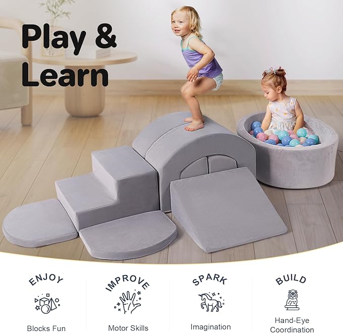 Rinnebbit 9-Piece Foam Climbing Blocks for Toddlers, Baby Climb and Crawl Soft Play Set with Ball Pit, Machine Washable Cover, Indoor Activity Play Structure, Climbing Toys for Toddlers 1-3 (Gray)