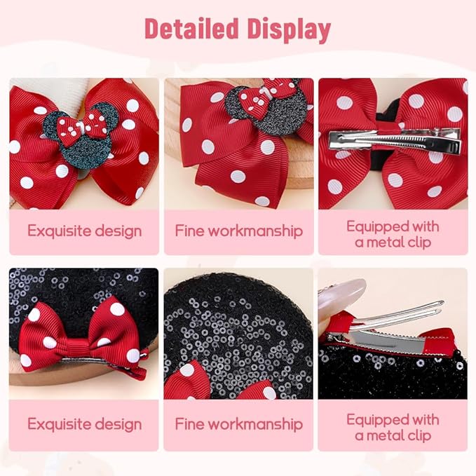 2 Pairs Red Dot Mouse Ears Hair Clips & Mouse Hair Bows Barrettes for baby Girls Accessories Birthday Party Decorations Gift