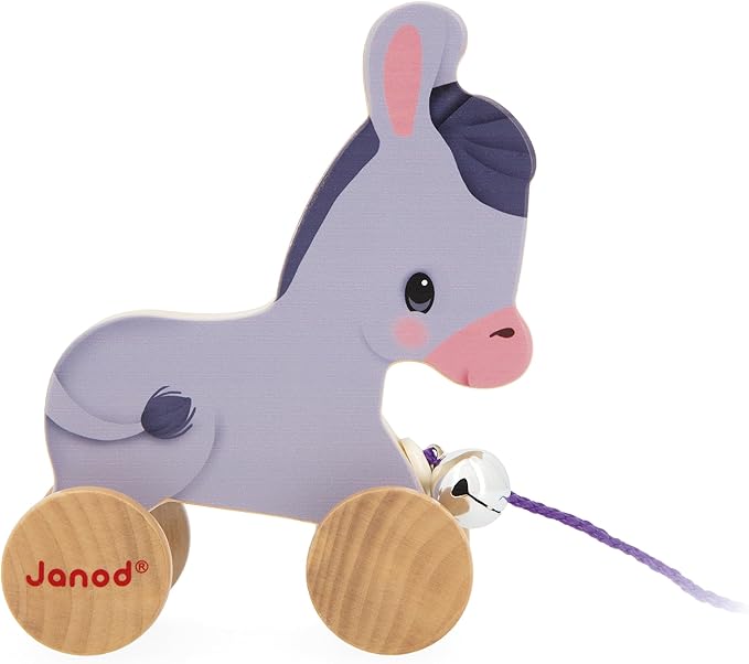 Janod - Wooden Donkey with Bell - Pull and Push Activity Toy - Learn Motor Skills and Imagination - 50cm String Suitable for Little Hands - from 12 Months, J03323