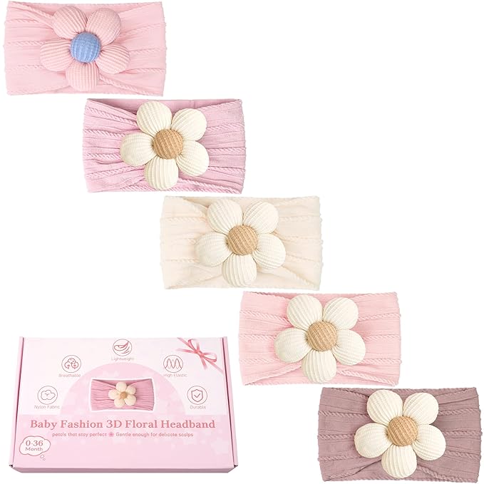 CÉLLOT 5 Pcs Baby Flower Headbands Baby Girls Nylon Headbands Soft Hairbands Hair Accessories for Newborn Infant Toddler Kids（Pink）