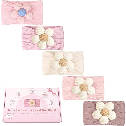 CÉLLOT 5 Pcs Baby Flower Headbands Baby Girls Nylon Headbands Soft Hairbands Hair Accessories for Newborn Infant Toddler Kids（Pink）