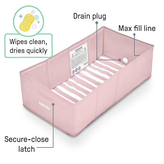Ingenuity Tuckaway Toddler Folding Tub, Converts Shower to Tub, Folds to Store, Easy to Clean, No Assembly Required, Portable Baby Bathtub for Travel, 12M-5Y, Pink