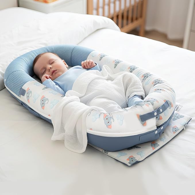 JollyBoo® Deluxe Infant Lounger Pillow - Baby Lounger 0-24 Months | Bamboo-Cotton Portable Baby Nest with Foldable Sunshade & 2 Plush Toys | Soft, Breathable Mesh for Cool, Safe Rest (Blue Elephant)