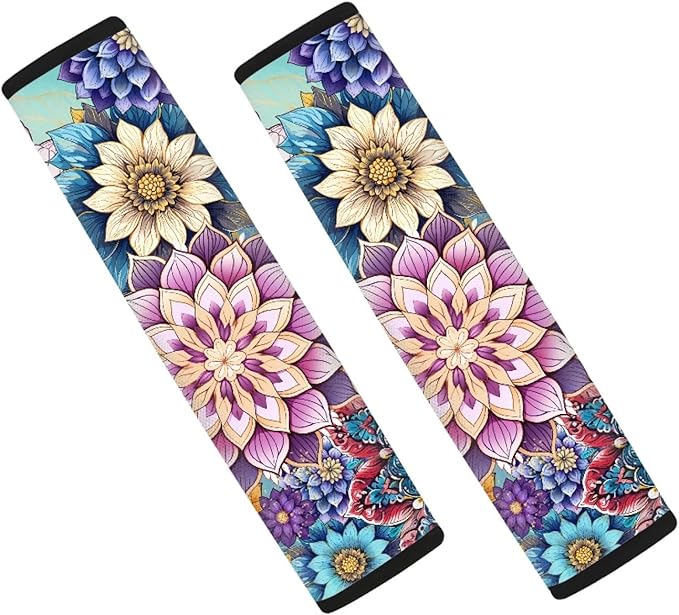 UNICEU Boho Flower Bright Blossom 2 Packs Car Seatbelt Pads Covers for Women Girls, Neoprene Comfortable Car Safety Seatbelt Pads Cover