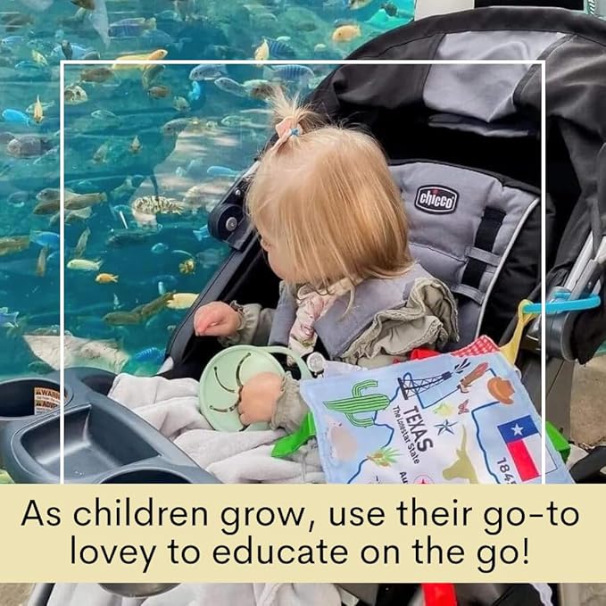 Baby Jack & Co 8x8” Learning Lovey Texas State Tag Stroller Toy for Babies - Crinkle Toys for Developing Five Senses - Learn About Capitals - Travel with Baby Jack - BPA Free Clip