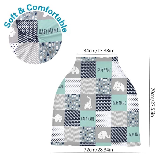 Personalized Baby Car Seat Cover for Boys Girls, Custom Nursing Covers for Breastfeeding with Name, Infant Stroller Cover, Baby Carseat Canopy for Newborn, Multiuse Car Seat Canopies, Cute Elephant