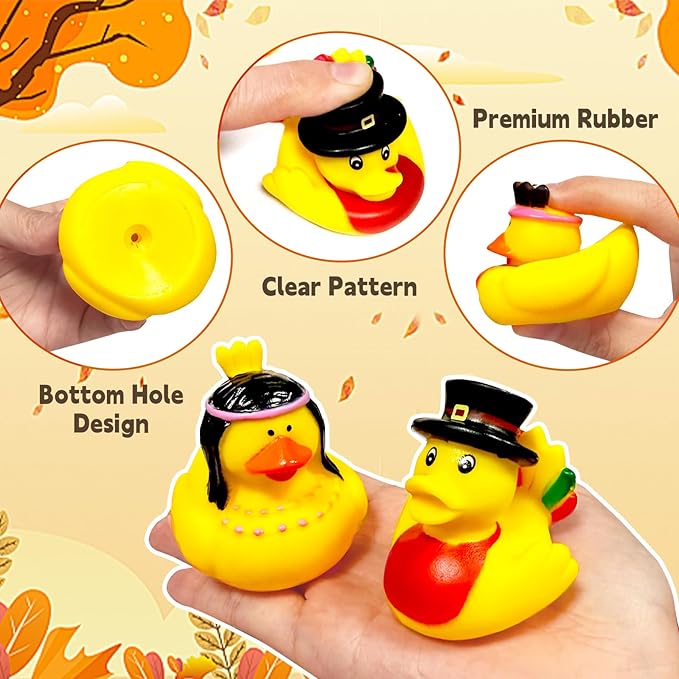 Thanksgiving Rubber Ducks, 12 Pack Turkey Ducks Bulk in 6 Styles Duckies Thanksgiving Party Favor Supplies Gifts for Kids Adults Parade Decorations Bath Duck Toys School Classroom Game Prizes