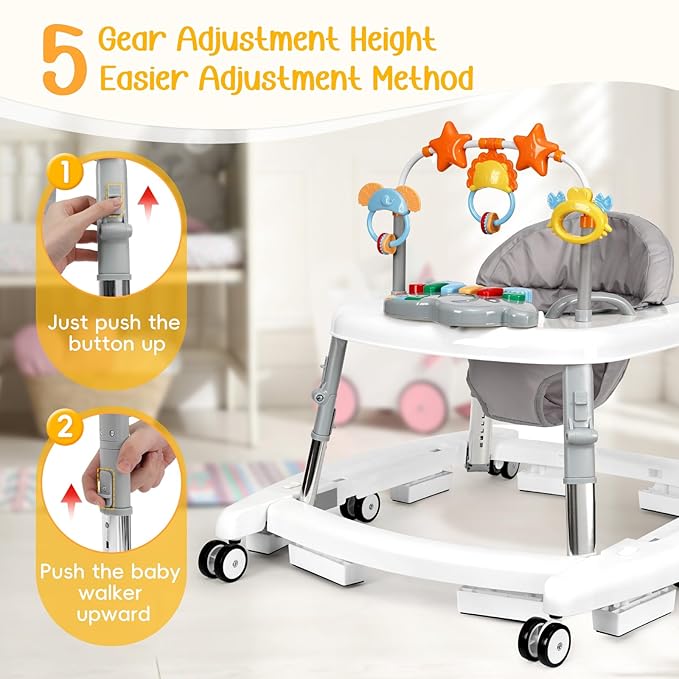 5 in 1 Baby Walker Foldable Music and Lights with 5 Adjustable Heights, Baby Walker with Wheels Portable, Infant Toddler Walker for Baby Boy Girls 6-18 Months (White)