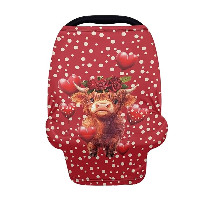 Wanyint Baby Car Seat Cover Carseat Canopy for Boys Girls, Multi-Use Nursing Breastfeeding Cover Nursing Scarf for Breastfeeding Mothers for Valentine's Day, Highland Cow Heart Red