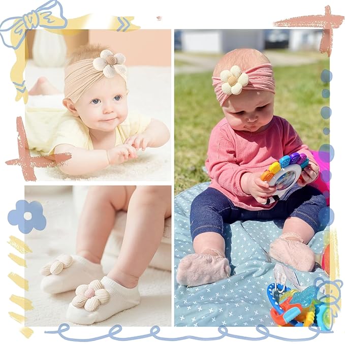 WillingTee Baby Girl Headband and Socks, Non-Slip Floral Socks and Soft Floral Nylon Hairbands for Babies Infants and Toddlers 0-12 Months