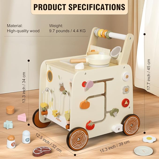 Pithfor Wooden Baby Walker, 3-in-1 Baby Push Walker, with Pretend Kitchen, Montessori Sensory Activity Center, Push Walker Toys for Babies Learning to Walk, Sit-to-Stand
