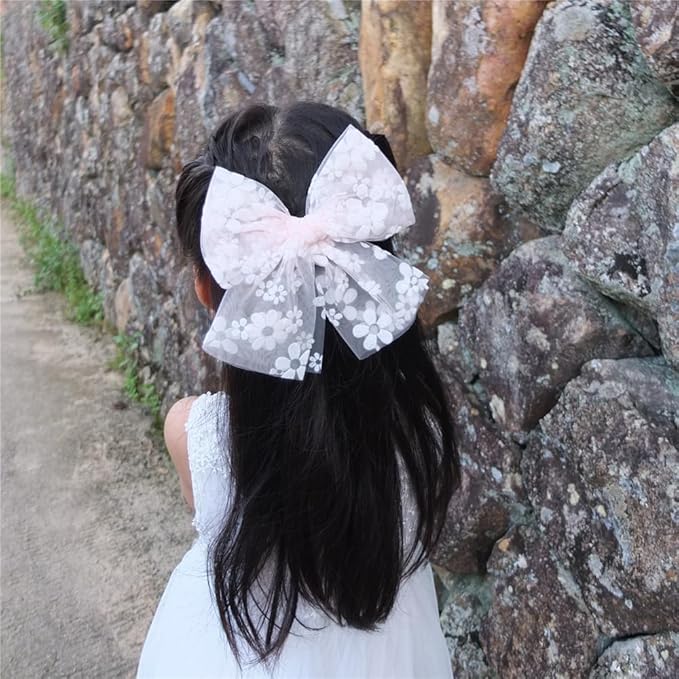 Large Tulle Bows Hair Clips for Baby Girls - Lace, Cottagecore, Lightweight Gauze Barrettes Accessories (Pink Floral and White)