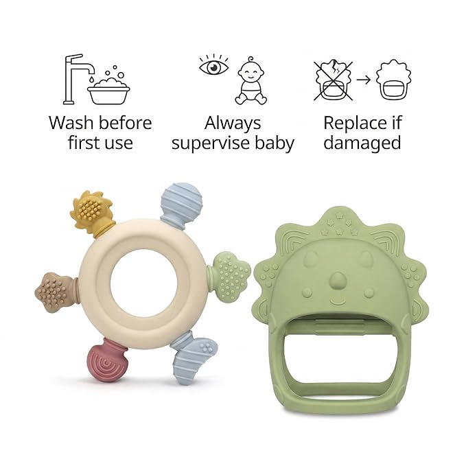 Baby Teething Toys 2 Pack, Dinosaur Mitten Teether and Ring Sun Teether with 6 Chewing Points, Silicone Chew Toys for Infants 0-6 6-12 Months, BPA Free Soothing Gum Relief Set (Green)