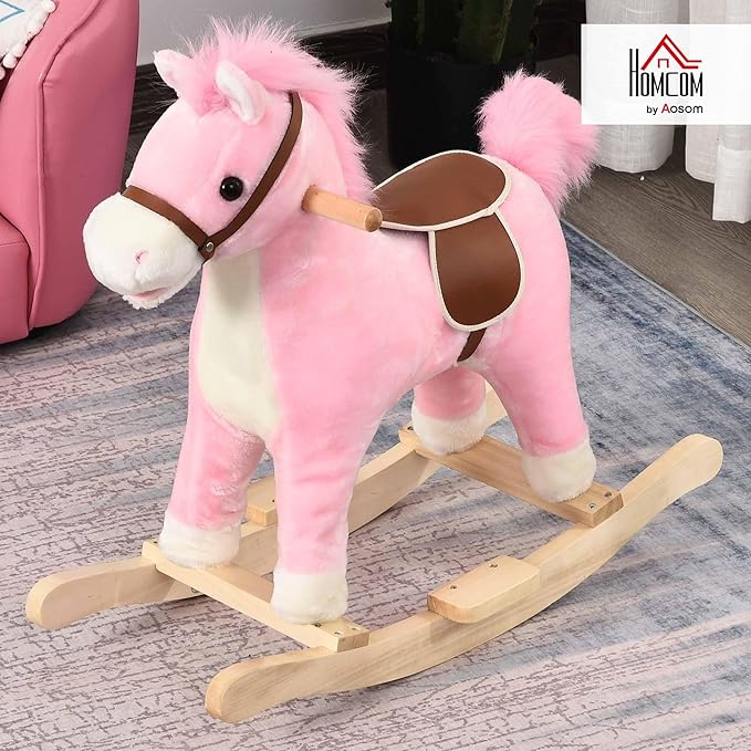 HOMCOM Children's Rocking Horse Baby Rocking Animal Horse with Animal Sounds Toy Handles for 36-72 Months Plush Pink 65 x 32.5 x 61 cm