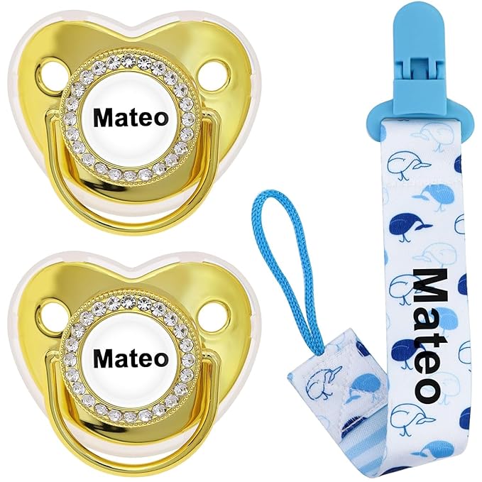 Personalized Pacifier Set with Name, BPA Free, Bling Gold Silver Pink Rose Gold Luxurious Ideal Gift for Newborns (White)