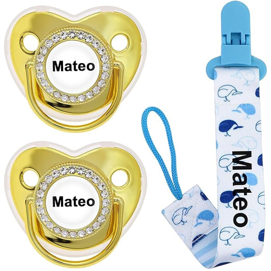 Personalized Pacifier Set with Name, BPA Free, Bling Gold Silver Pink Rose Gold Luxurious Ideal Gift for Newborns (White)