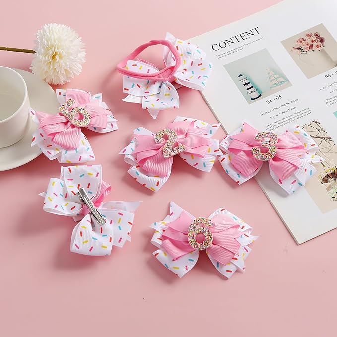 Birthday Hair Bow for Baby Girls 1 2 3 4 5 6 Years Sprinkle Decorations Confetti Ice Cream Party Pink Hair Accessories for 6th Birthday