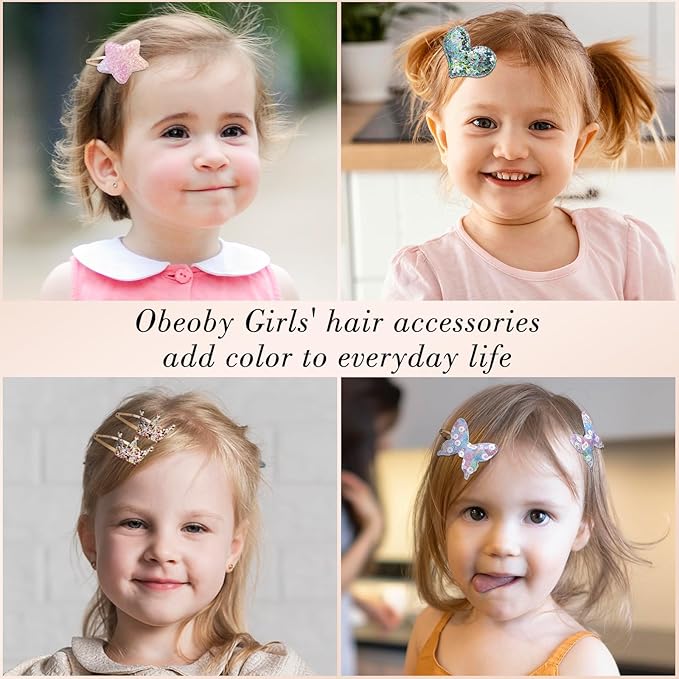 obeoby 24 Pack Toddler Hair Clips for Girls, Star Crown Butterfly Shaped Glitter Hair Barrettes Metal Snap Hair Clips Hair Accessories for Baby Girls Kids Holiday Birthday Gifts