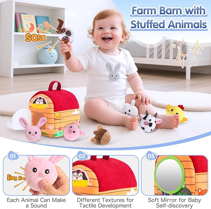 Baby Toys 6-12 Months, Plush Barn with Stuffed Farm Animals, Sensory Rattle, Mirror, Crinkle, Montessori Toys for 6 Month Old Babies for Infant & Toddler 1-3 Boy and Girls