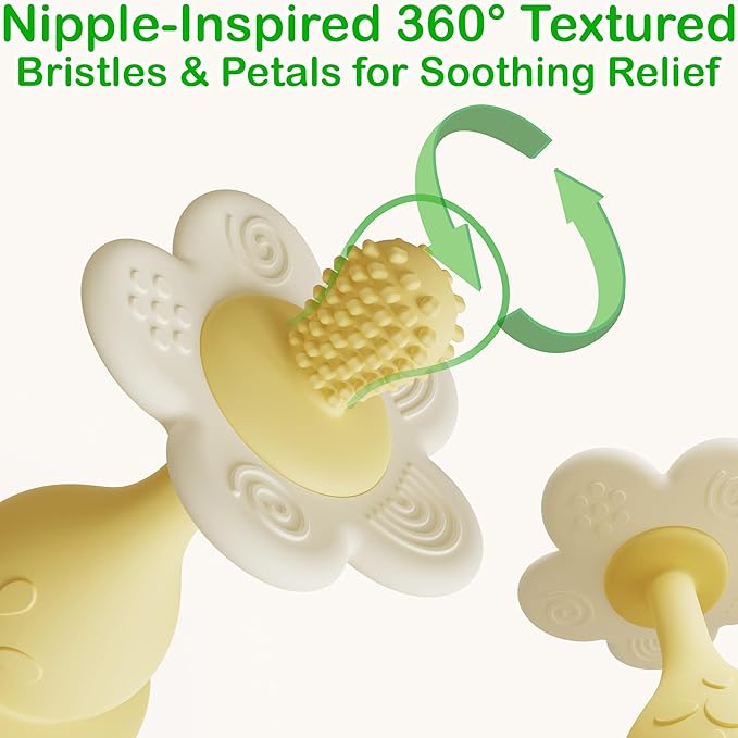 Baby Flower Teether Rattle Toy, Sensory Toy for Baby 0-24 Months, Teething Relief Chewing Toy for Infant, BPA Free Food Grade Silicone Teether (Yellow)