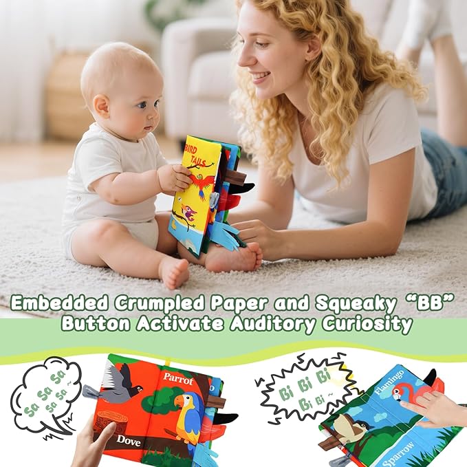 Baby Books Toys 0-12 Months with Teether,Tummy Time Crinkle Sensory Toys,High Contrast Touch & Feel Soft Book, Early Learning Infant Toys,Shower Gift for Boys Girls (Flying Animals)