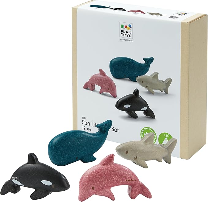 PlanToys® Wooden Sea Life 4-Piece Set Dolphin, Orca, Whale and Shark Figurines | Montessori Toy for Imaginative Play | Supports Language and Social Skills | Eco Friendly for Bath and Water Play