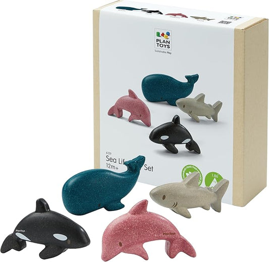PlanToys® Wooden Sea Life 4-Piece Set Dolphin, Orca, Whale and Shark Figurines | Montessori Toy for Imaginative Play | Supports Language and Social Skills | Eco Friendly for Bath and Water Play