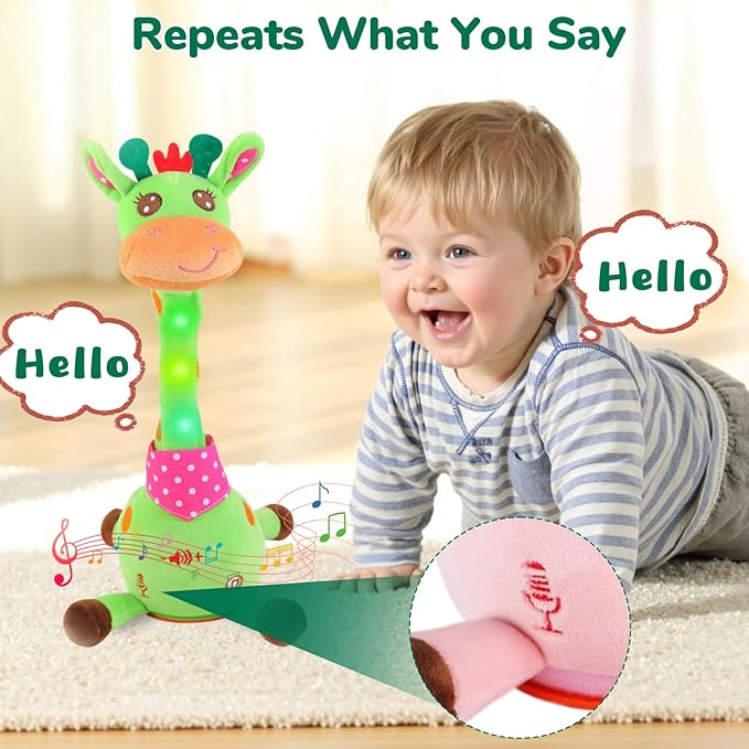 Dancing Giraffe Musical Plush Toy, Recording & Repeating Talking Giraffe Baby Toy for 6–12 Months, Interactive Singing Stuffed Animal, Birthday Gift for Grandkids Infants Toddlers(Green)