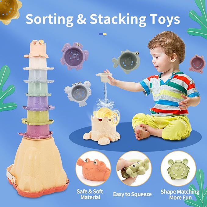 BYFWH Stacking Toy for Toddler 1-3, 4 in 1 Montessori Sensory Toys, Shape Sorter for Sand Bath Play, Infant Learning Color Sorting Toy for Fine Motor Skills, Birthday Gift for Baby Boys Girls 1 2 3
