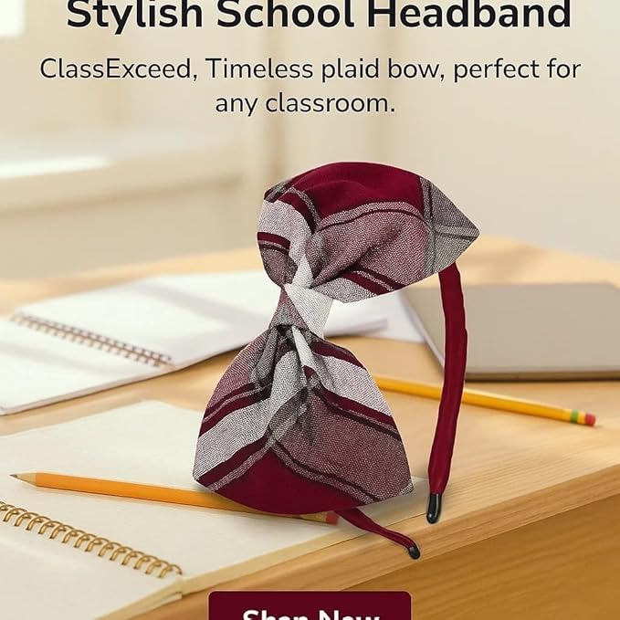 ClassExceed School Headband, Plaid bow headband, back to school, available in variety of school plaids (Plaid 54 Burgundy white light Gray, Regular)