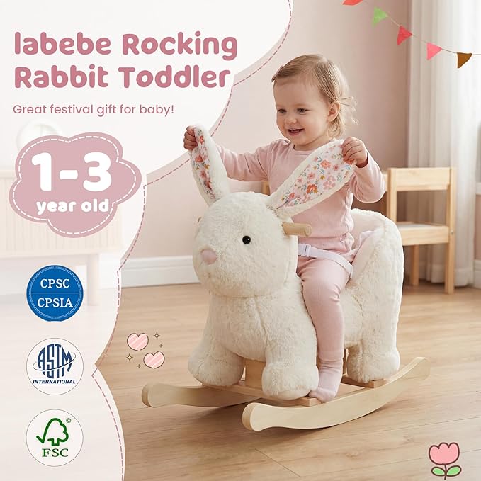 labebe Baby Rocking Horse, Plush Rabbit Animal Rocker, Wooden Rocking Horse with Seat Belt, Kid Ride On Toy for 12M+ Baby Girls, Nursery Birthday