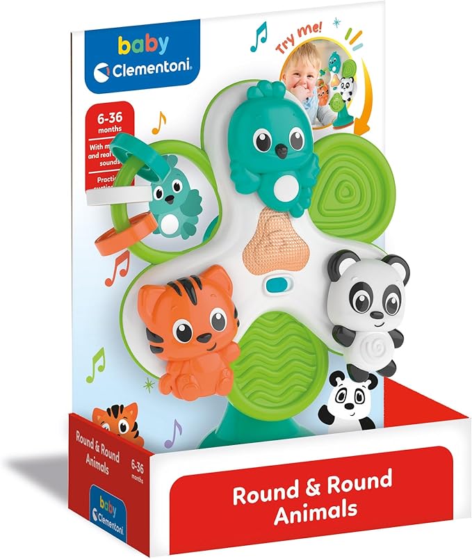 Clementoni - Game with Suction Cup for Highchair, Round & Round Animals - Interactive Early Childhood Animals, Windmill for Children 1 Year, Batteries Included, 17915