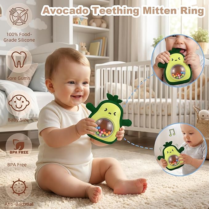 HAILI XMGQ Baby Teething Toys for 3-6 6-12 Months, Avocado Teething Mitten with Rattle, Food Grade Silicone Wrist Hand Teether for Teething Relief Newborn Chew Toys