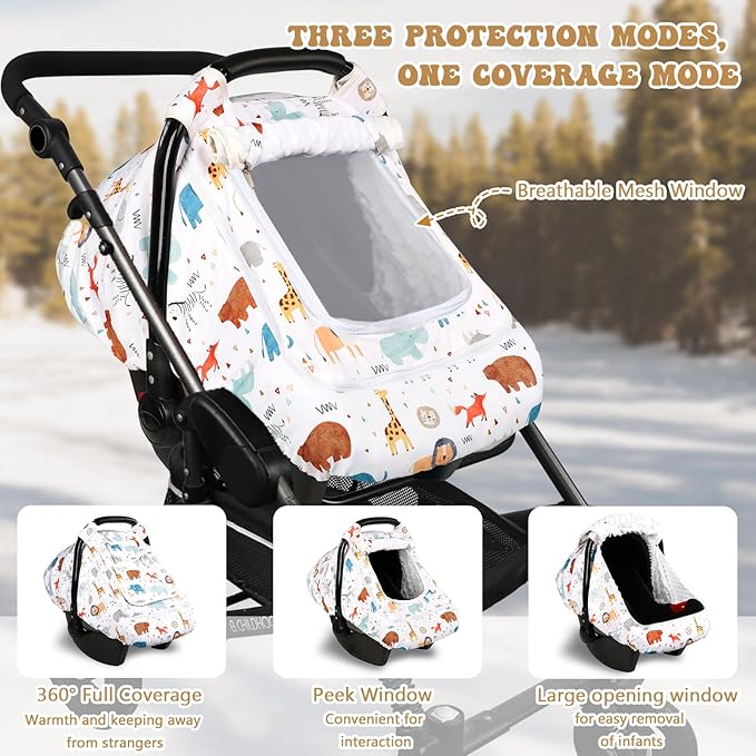 Baby Car Seat Cover for Boys, Infant CarSeat Covers with Mesh Man Fai Sky, Multi-Functional Newborn Canopy Breathable for Summer Winter, Windproof & Universal Fit, Animal