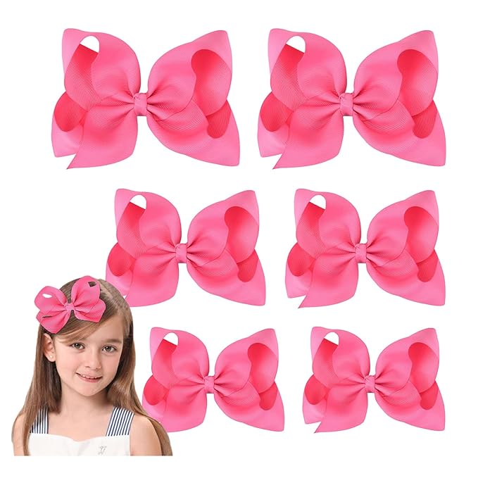 Pink Hair Bow For Girls and Toddler - 6 pcs Pink Bow 6 inch ×2, 4 inch ×2, 3 inch ×2
