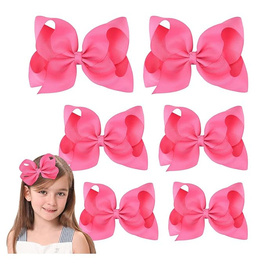 Pink Hair Bow For Girls and Toddler - 6 pcs Pink Bow 6 inch ×2, 4 inch ×2, 3 inch ×2